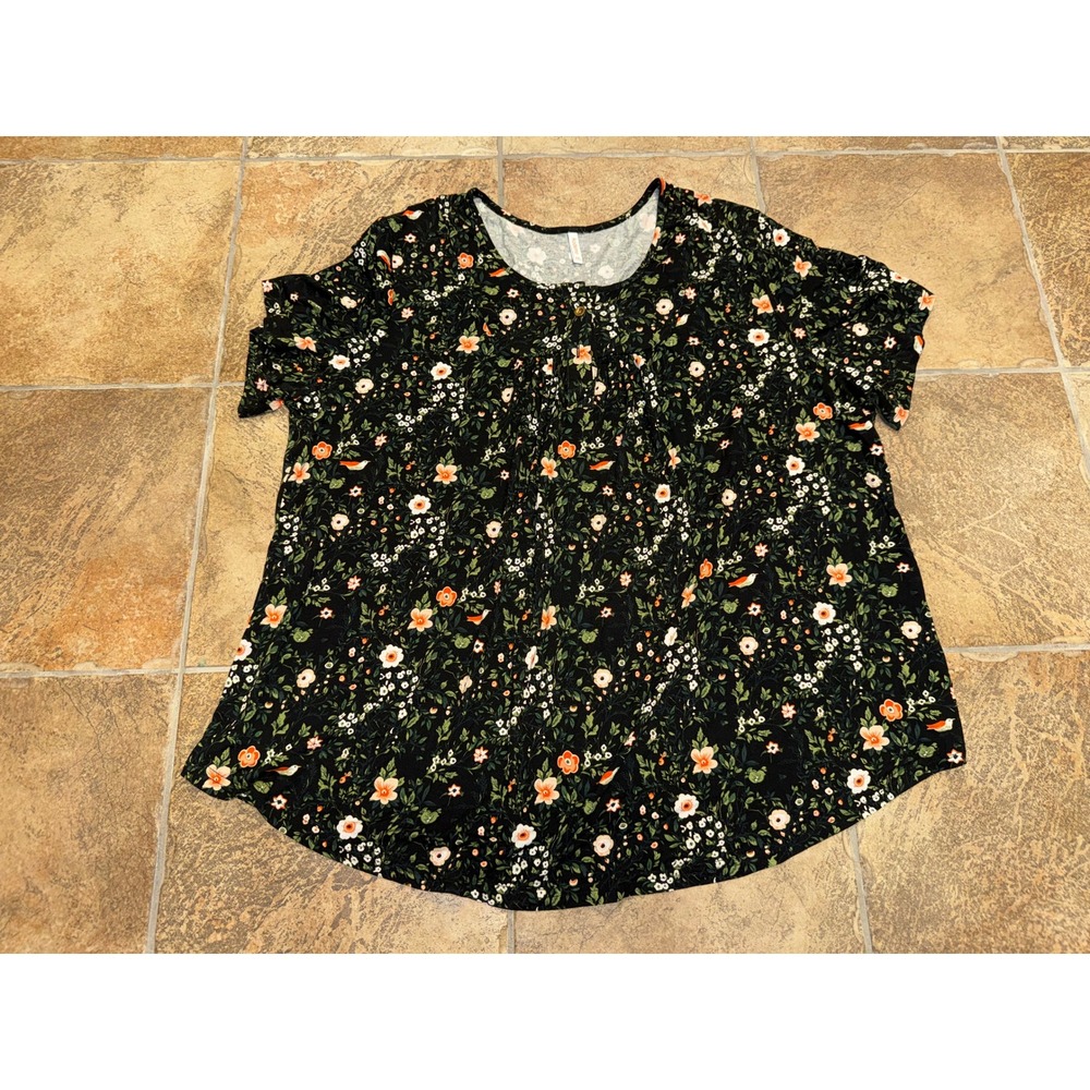 Aodemo Women 4XL Black Floral Bird Print Short Sleeve Button Front Blouse Top